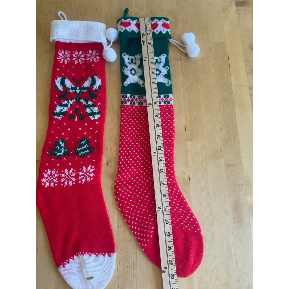 Vintage Knit Christmas Stockings Set 2 Teddy Bear Candy Cane Red Green Pom Poms
